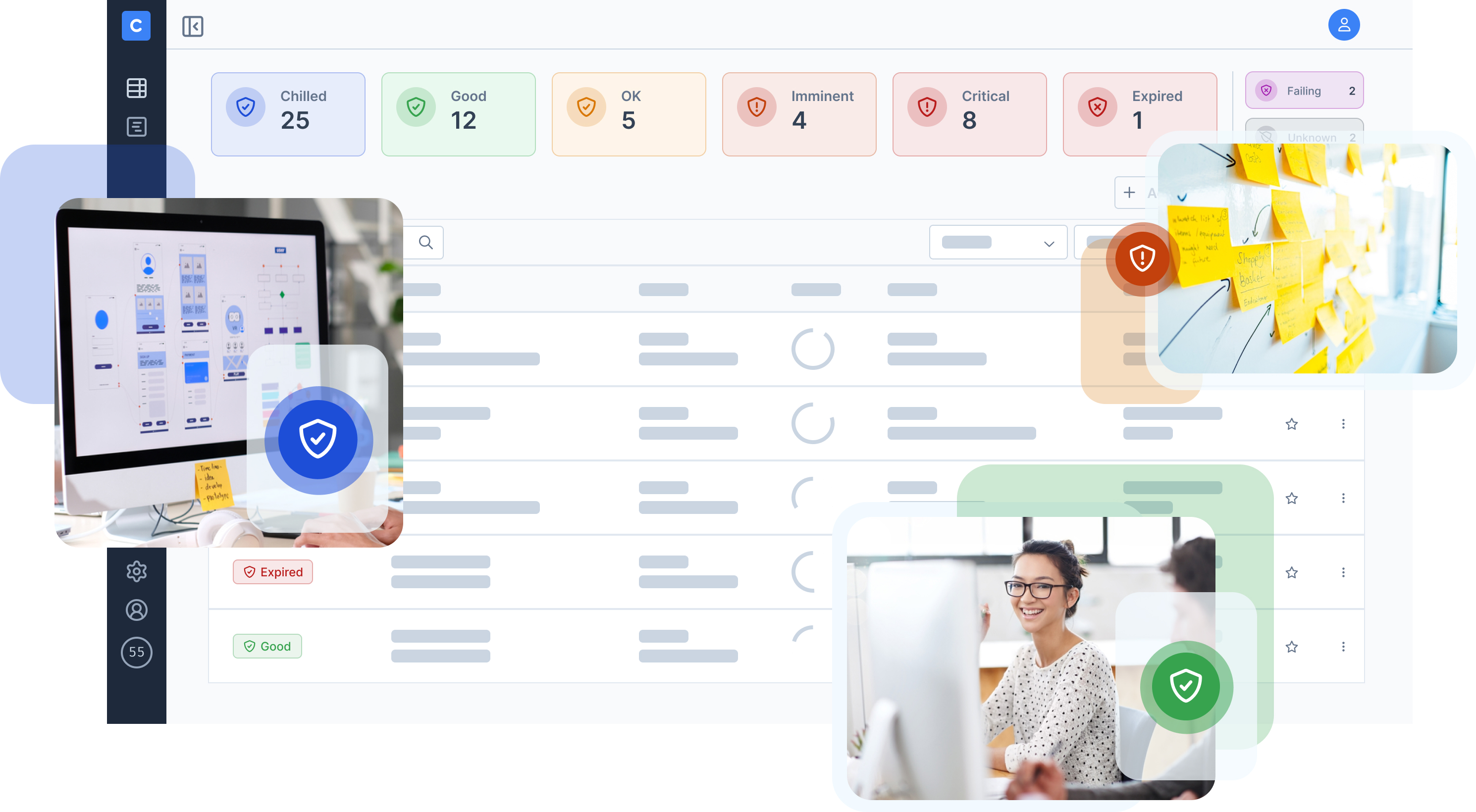 Digital agency workspace showing SSL certificate monitoring across multiple client websites